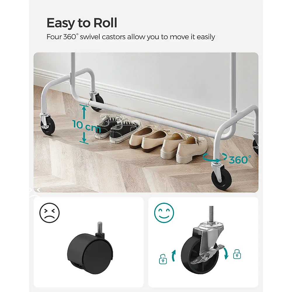 SONGMICS Βαρέως Τύπου Ράγα Ρούχων με Ρόδες, Χρωμίου-Λευκό, 130 kg Φορτίο, Εκτεινόμενη Ράβδος , 150x45x162.9 HSR011W01V2
