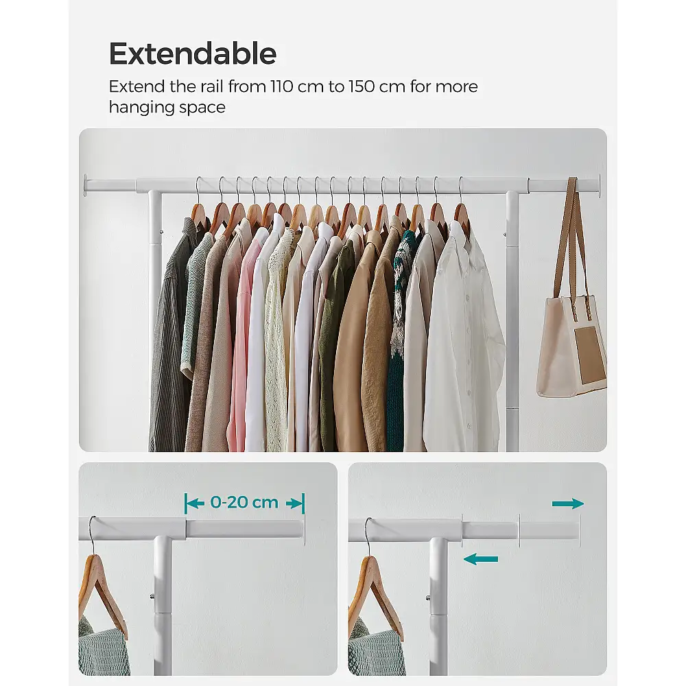 SONGMICS Βαρέως Τύπου Ράγα Ρούχων με Ρόδες, Χρωμίου-Λευκό, 130 kg Φορτίο, Εκτεινόμενη Ράβδος , 150x45x162.9 HSR011W01V2