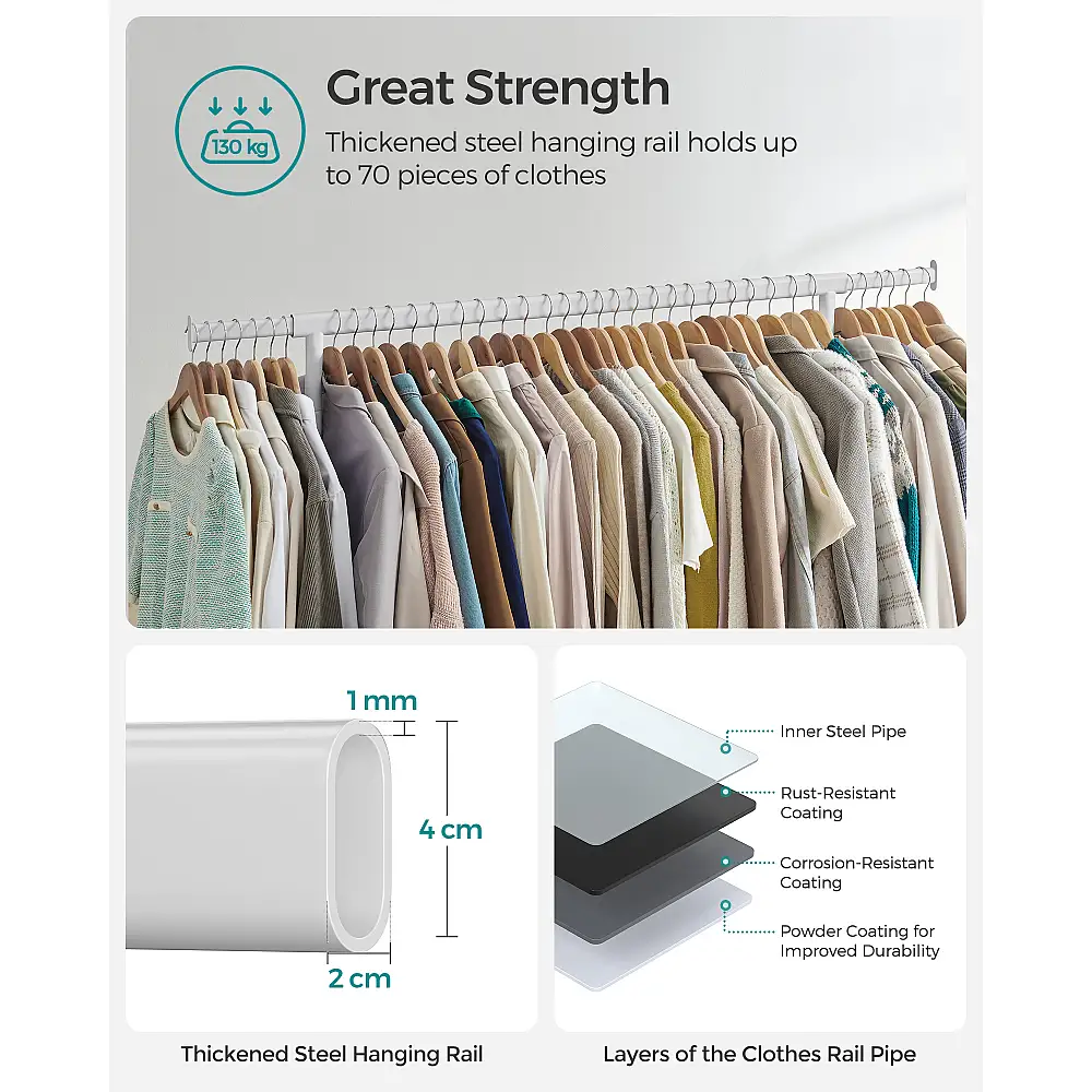 SONGMICS Βαρέως Τύπου Ράγα Ρούχων με Ρόδες, Χρωμίου-Λευκό, 130 kg Φορτίο, Εκτεινόμενη Ράβδος , 150x45x162.9 HSR011W01V2