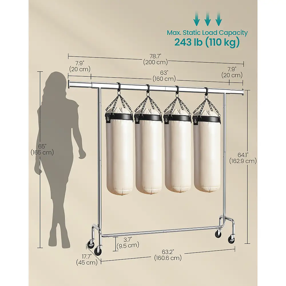 SONGMICS Ράγα Ρούχων με Ρόδες, Επεκτεινόμενη, 110kg, , 200x45x163 cm HSR176E01