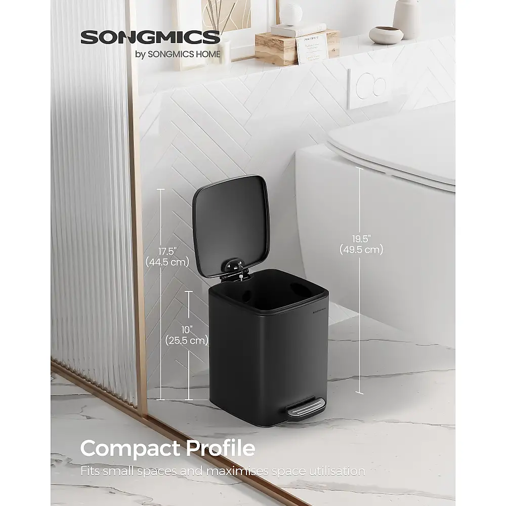 SONGMICS Απορριμματοδοχείο Κουζίνας, Μεταλλικό Πεντάλ, Εσωτερικός Κάδος, Απαλό Κλείσιμο, 6L, Μαύρο, 19.3x23.9x25.5cm LTB590B0602