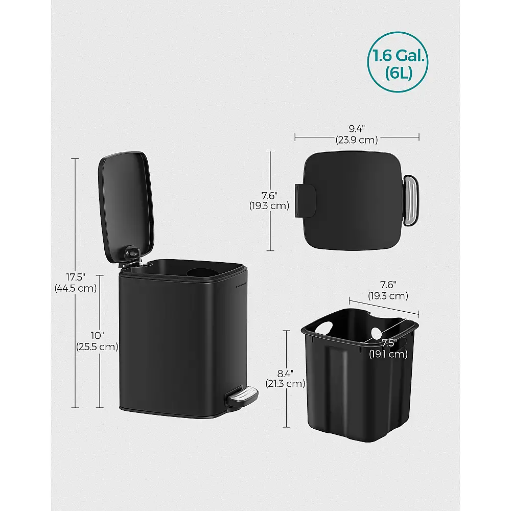SONGMICS Απορριμματοδοχείο Κουζίνας, Μεταλλικό Πεντάλ, Εσωτερικός Κάδος, Απαλό Κλείσιμο, 6L, Μαύρο, 19.3x23.9x25.5cm LTB590B0602