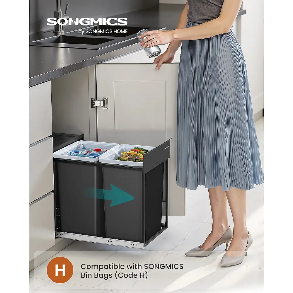 SONGMICS Κάδος Κουζίνας Ενσωματωμένος για Ανακύκλωση και Απόβλητα, 2 x 20L, Ink Black, 48.6x32.7x44.0cm LTB951B01