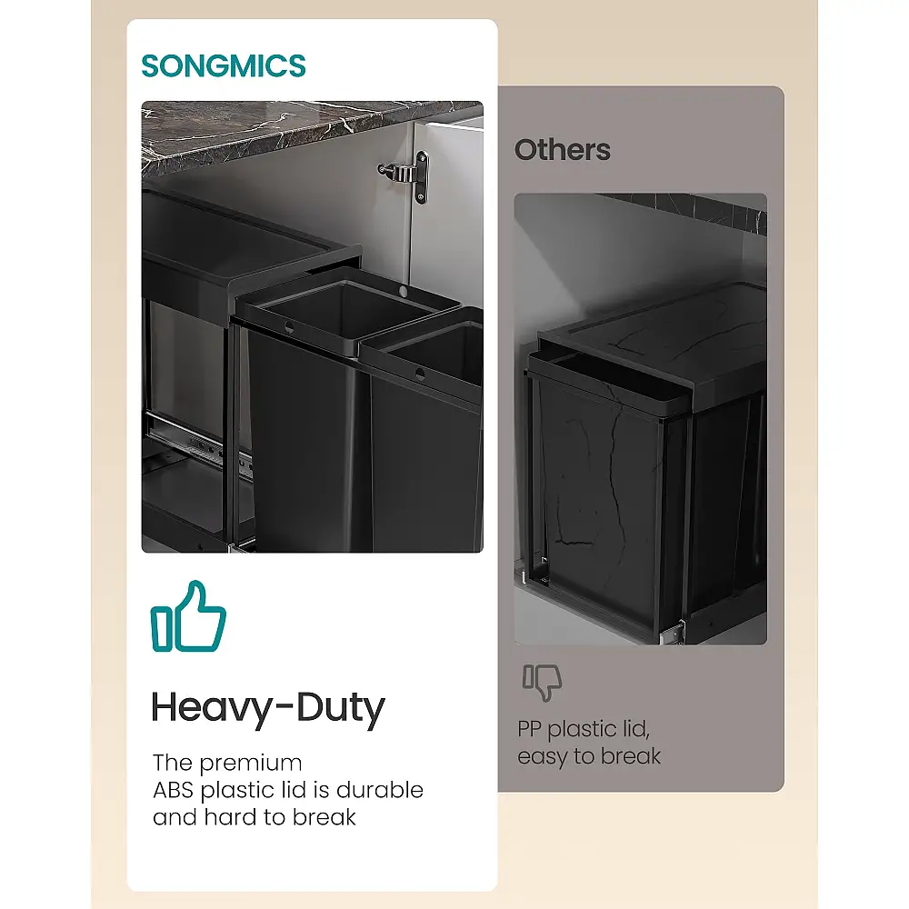 SONGMICS Κάδος Κουζίνας Ενσωματωμένος για Ανακύκλωση και Απόβλητα, 2 x 20L, Ink Black, 48.6x32.7x44.0cm LTB951B01