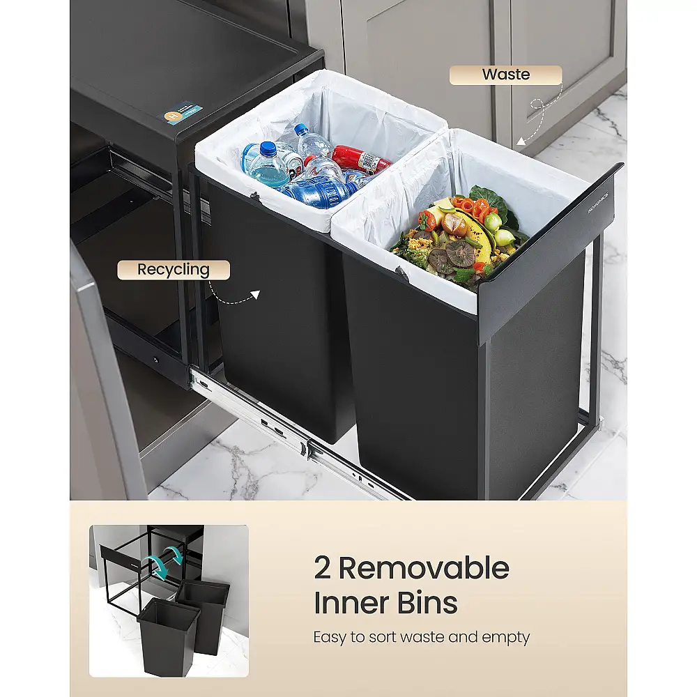 SONGMICS Κάδος Κουζίνας Ενσωματωμένος για Ανακύκλωση και Απόβλητα, 2 x 20L, Ink Black, 48.6x32.7x44.0cm LTB951B01