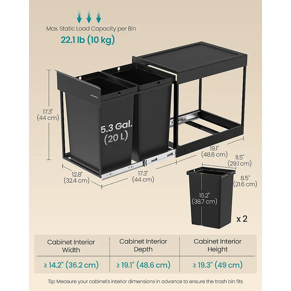 SONGMICS Κάδος Κουζίνας Ενσωματωμένος για Ανακύκλωση και Απόβλητα, 2 x 20L, Ink Black, 48.6x32.7x44.0cm LTB951B01