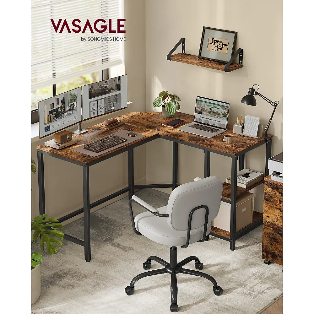 VASAGLE Γραφείο Υπολογιστή Γωνιακό L-Σχήμα με Ράφια Αποθήκευσης, Ρουστίκ Καφέ και Μαύρο LWD123K01, 130x120x74.7cm LWD123K01V1