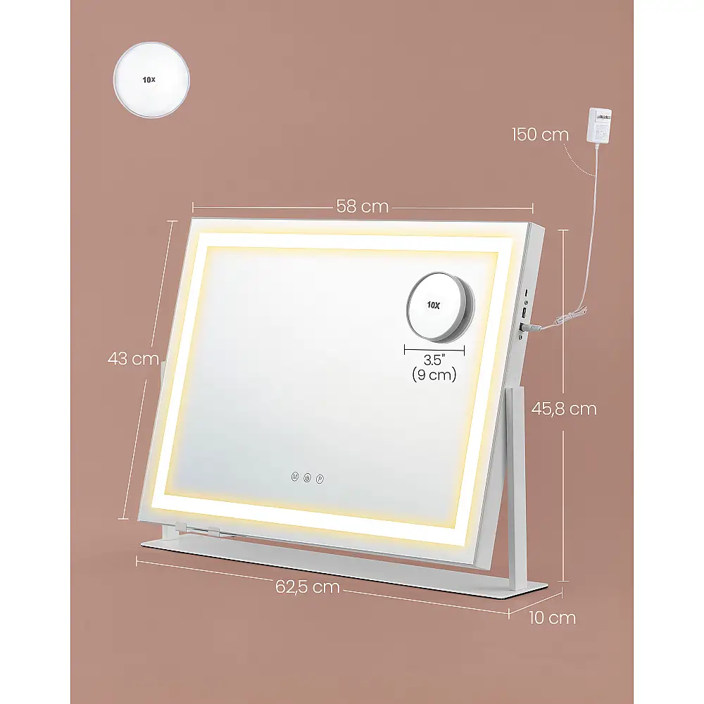 SONGMICS Καθρέφτης Μακιγιάζ με Φωτισμό LED, Ρεύμα, Αφής, Τηλεφώνου, Λευκός, 62.5x10x45.8cm LWM002W02