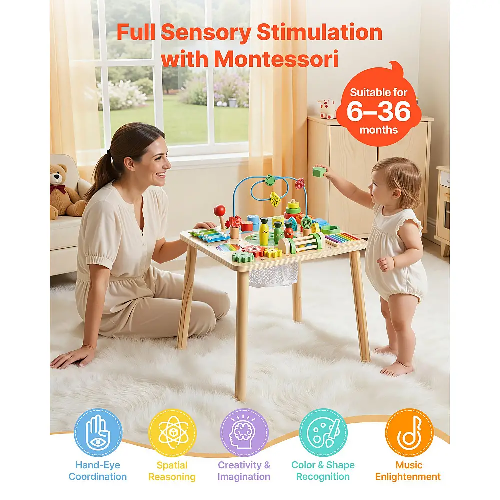 VEVOR Ξύλινο Τραπέζι Δραστηριοτήτων Montessori για Νήπια 1-3 Ετών, 13 σε 1 Εκπαιδευτικό Τραπέζι Παιχνιδιού για Αγόρια & Κορίτσια 6+ Μηνών MTSLETWJXXZSY2JKM001V0