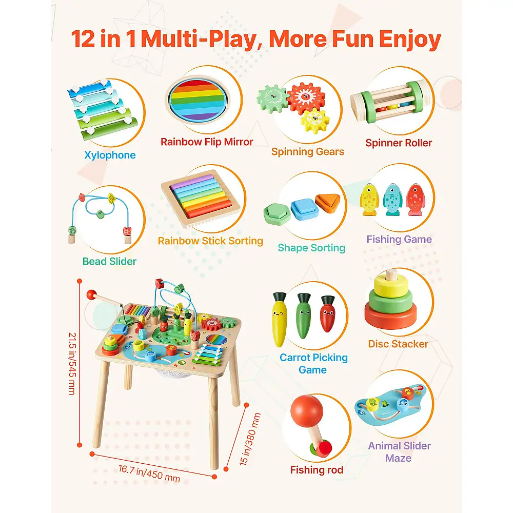 VEVOR Ξύλινο Τραπέζι Δραστηριοτήτων Montessori για Νήπια 1-3 Ετών, 13 σε 1 Εκπαιδευτικό Τραπέζι Παιχνιδιού για Αγόρια & Κορίτσια 6+ Μηνών MTSLETWJXXZSY2JKM001V0