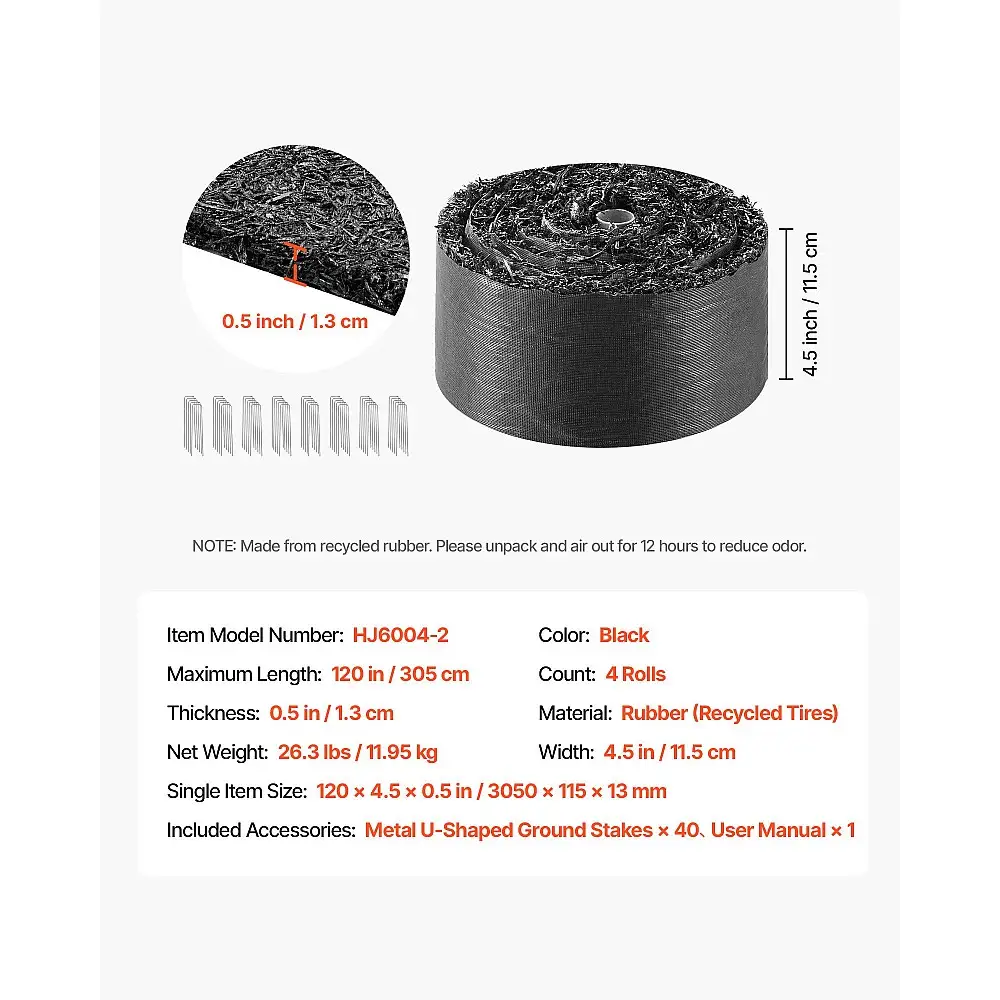 VEVOR Ρολό από Ανακυκλωμένο Καουτσούκ, 4 Ρολά 305 x 11.5 cm, Μόνιμο Διάζωμα Κήπου με Παρέμβλητους Πάσσαλους, Φυσική Όψη (Πάχους 0.5 in) για Τοπία XJXWFGW120INKXAQS001V0