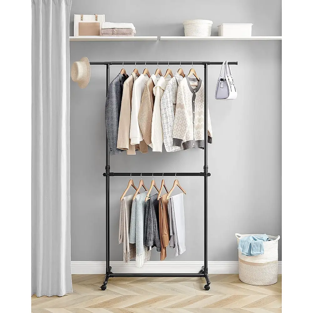 Songmics Τροχήλατη Διπλή Κρεμάστρα Ρούχων, με Επεκτεινόμενη Άνω Ράβδο, Ρυθμιζόμενο Ύψος 113-180 cm, Ρυθμιζόμενη Μεσαία Ράβδος, Μαύρη LLR401B01