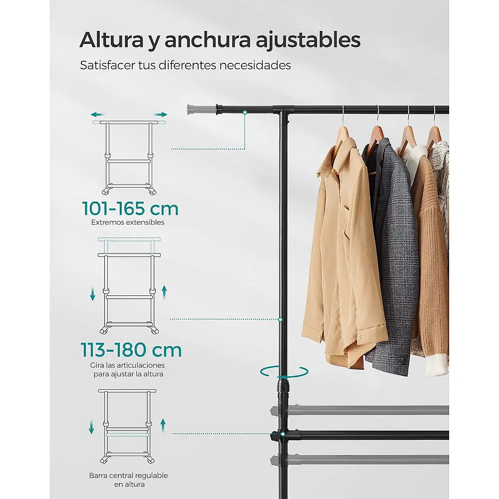 Songmics Τροχήλατη Διπλή Κρεμάστρα Ρούχων, με Επεκτεινόμενη Άνω Ράβδο, Ρυθμιζόμενο Ύψος 113-180 cm, Ρυθμιζόμενη Μεσαία Ράβδος, Μαύρη LLR401B01