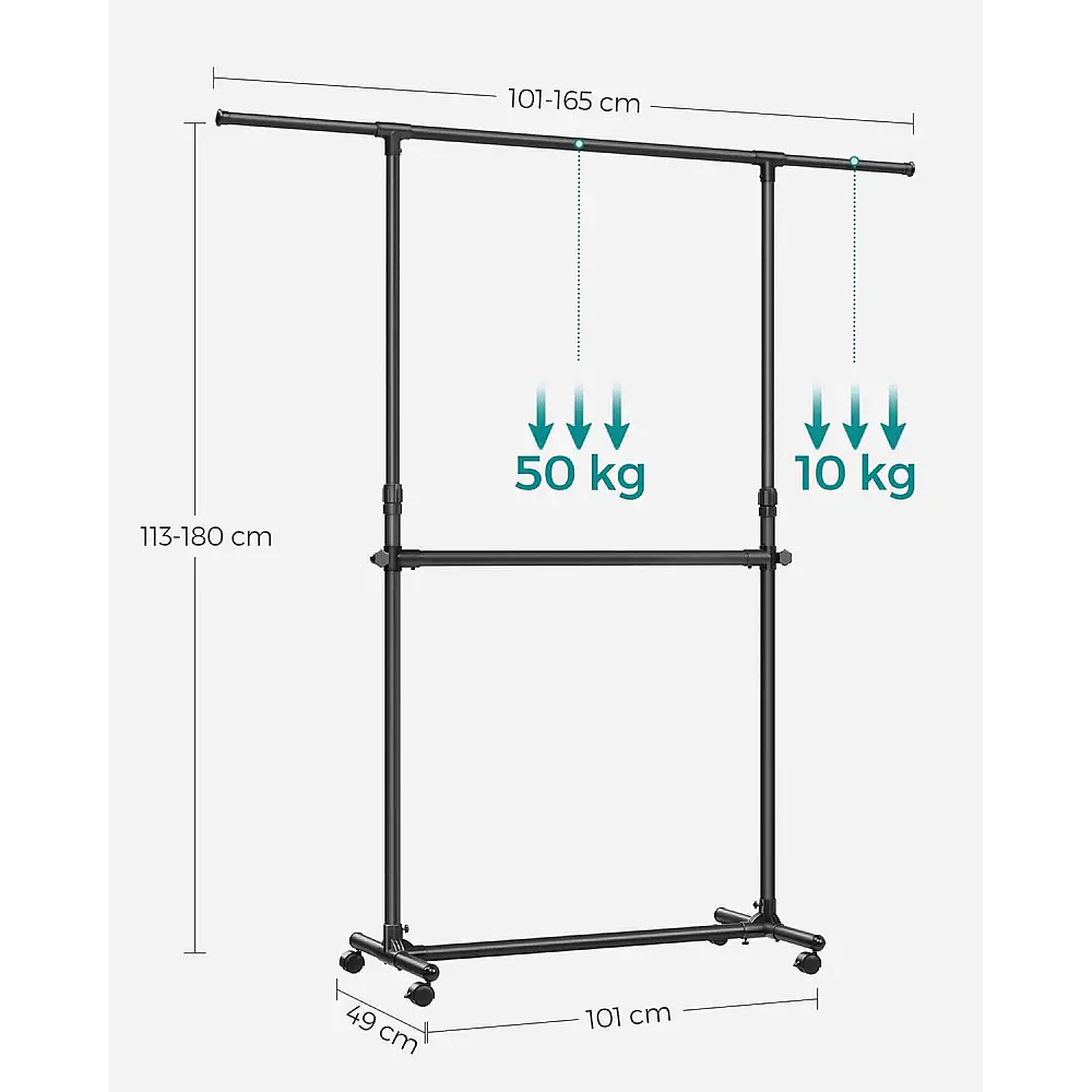 Songmics Τροχήλατη Διπλή Κρεμάστρα Ρούχων, με Επεκτεινόμενη Άνω Ράβδο, Ρυθμιζόμενο Ύψος 113-180 cm, Ρυθμιζόμενη Μεσαία Ράβδος, Μαύρη LLR401B01