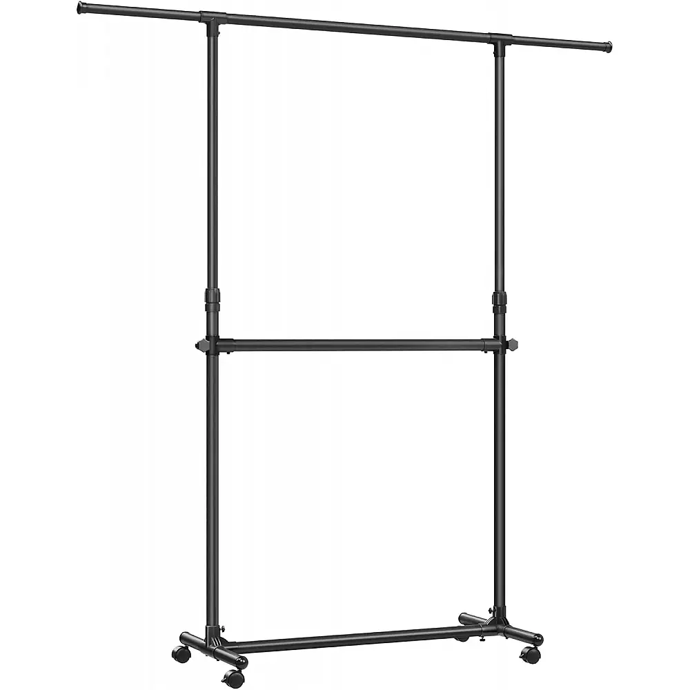 Songmics Τροχήλατη Διπλή Κρεμάστρα Ρούχων, με Επεκτεινόμενη Άνω Ράβδο, Ρυθμιζόμενο Ύψος 113-180 cm, Ρυθμιζόμενη Μεσαία Ράβδος, Μαύρη LLR401B01