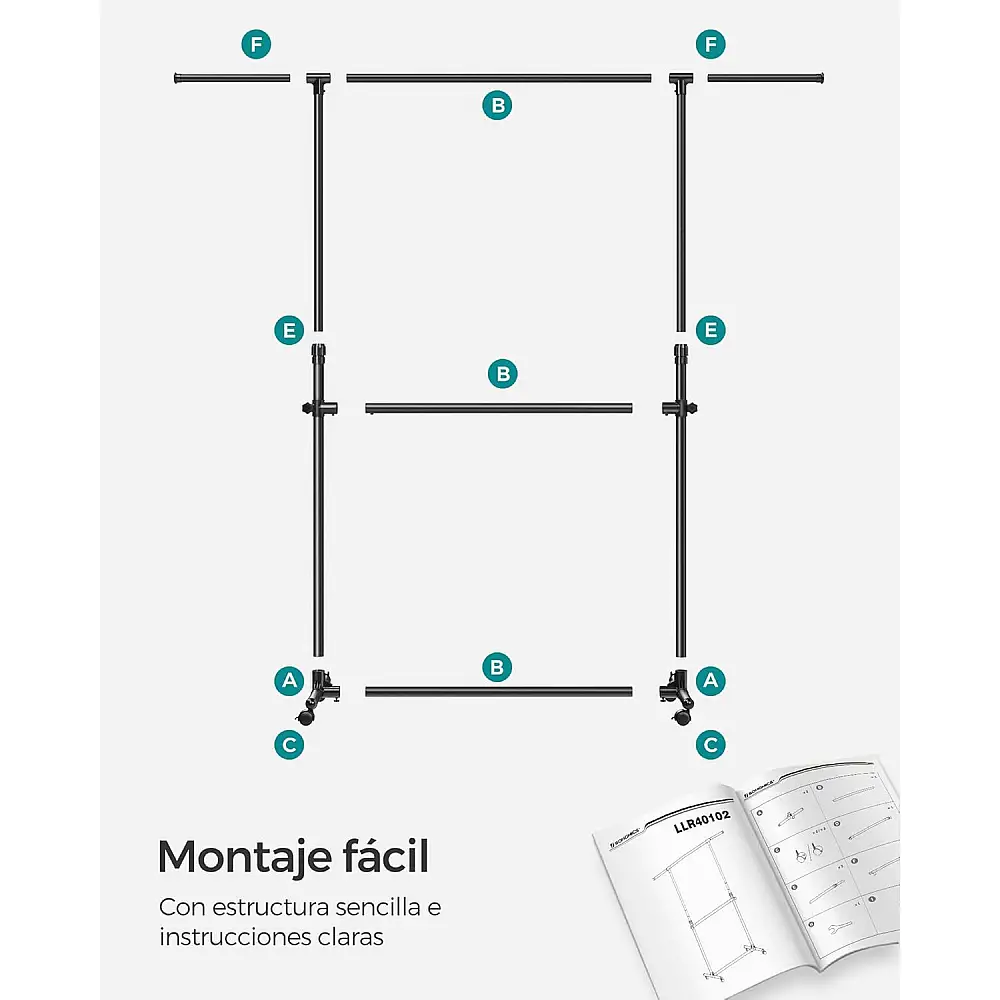 Songmics Τροχήλατη Διπλή Κρεμάστρα Ρούχων, με Επεκτεινόμενη Άνω Ράβδο, Ρυθμιζόμενο Ύψος 113-180 cm, Ρυθμιζόμενη Μεσαία Ράβδος, Μαύρη LLR401B01