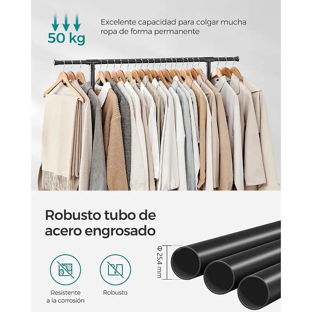 Songmics Τροχήλατη Διπλή Κρεμάστρα Ρούχων, με Επεκτεινόμενη Άνω Ράβδο, Ρυθμιζόμενο Ύψος 113-180 cm, Ρυθμιζόμενη Μεσαία Ράβδος, Μαύρη LLR401B01