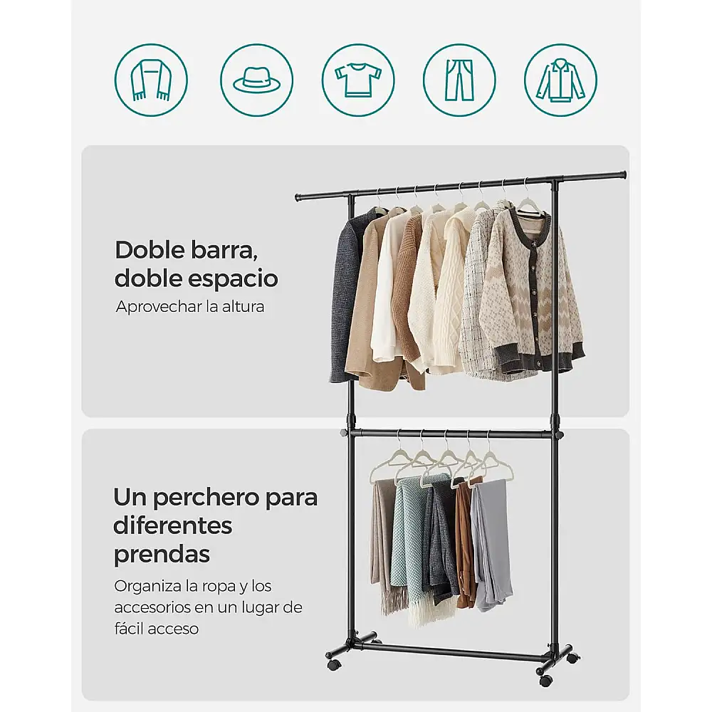 Songmics Τροχήλατη Διπλή Κρεμάστρα Ρούχων, με Επεκτεινόμενη Άνω Ράβδο, Ρυθμιζόμενο Ύψος 113-180 cm, Ρυθμιζόμενη Μεσαία Ράβδος, Μαύρη LLR401B01