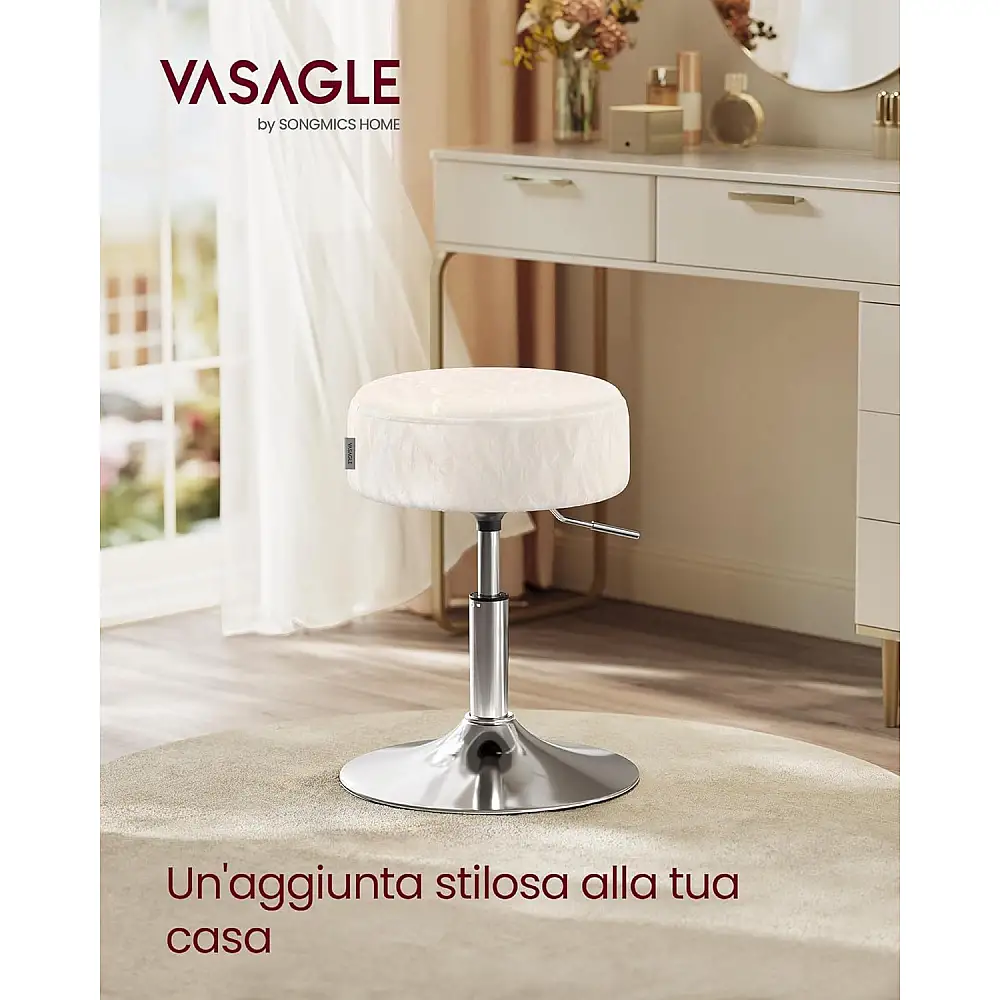 Vasagle Σκαμπό Μακιγιάζ & Κάθισμα Τουαλέτας, Ρυθμιζόμενο Ύψος, Περιστροφή 360°, Ενισχυμένο Κάθισμα PU - Cream White LJB120W01