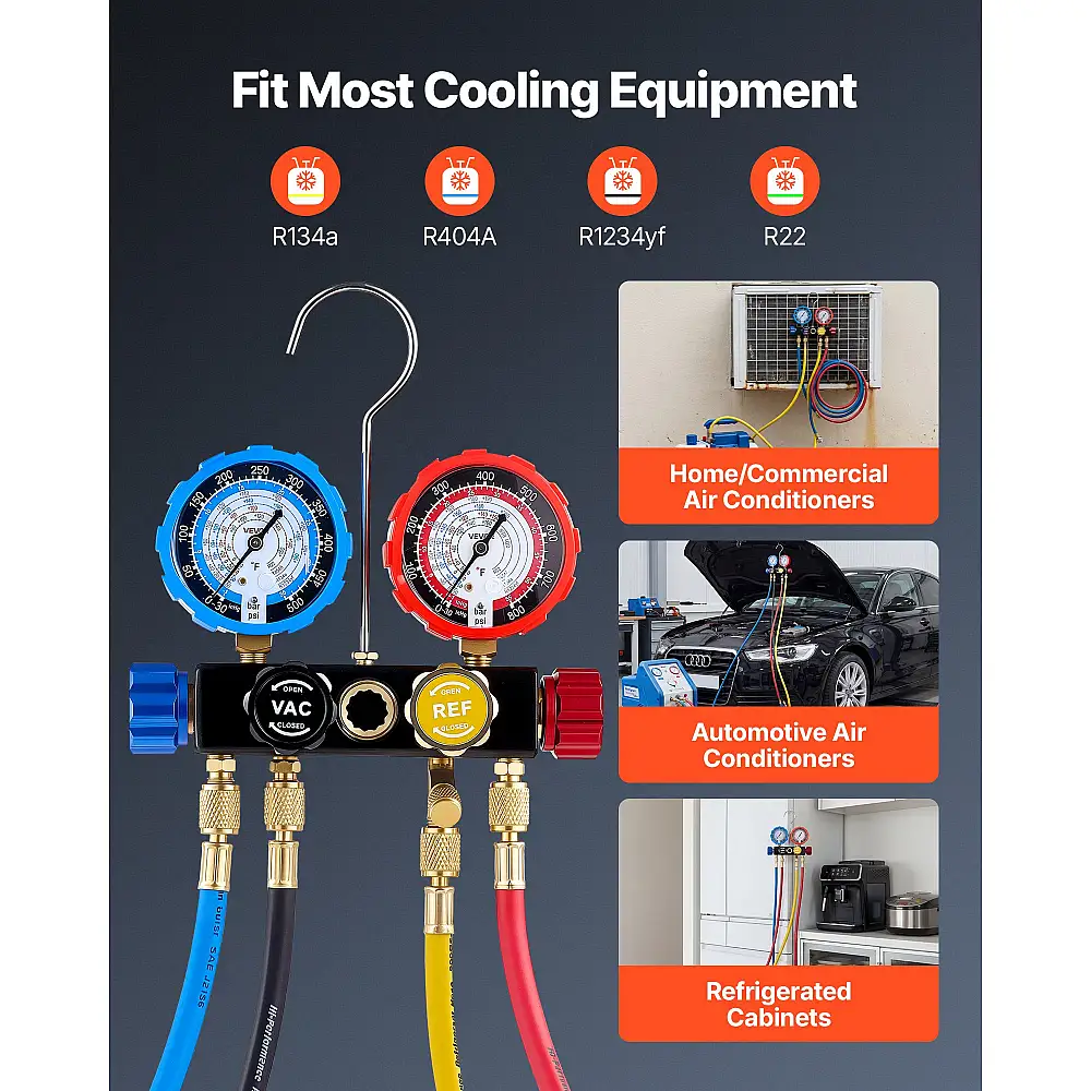 VEVOR Σετ Πολλαπλών Μετρητών Κλιματισμού για Ψυκτικά R134a R404A R1234yf R22, 4 Δρόμων με Σωλήνες 1.5μ, Προσαρμογείς, Ταχυσύνδεσμους, Βαλβίδες για Συντήρηση & Φόρτιση Αυτοκινήτων JXLMB4TLDSTXOAEMC001V0
