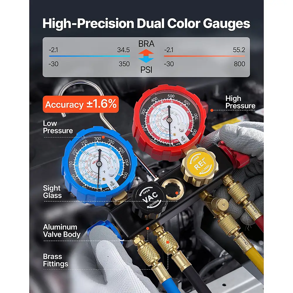 VEVOR Σετ Πολλαπλών Μετρητών Κλιματισμού για Ψυκτικά R134a R404A R1234yf R22, 4 Δρόμων με Σωλήνες 1.5μ, Προσαρμογείς, Ταχυσύνδεσμους, Βαλβίδες για Συντήρηση & Φόρτιση Αυτοκινήτων JXLMB4TLDSTXOAEMC001V0