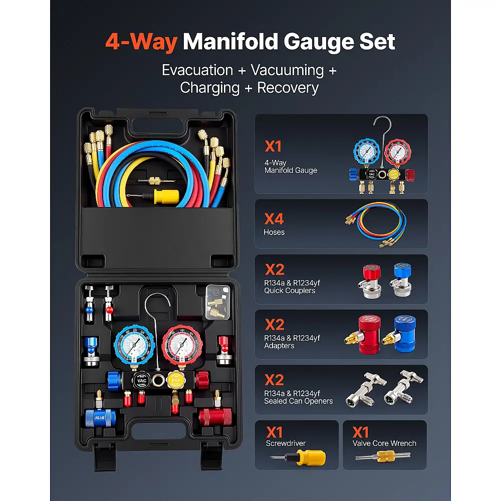 VEVOR Σετ Πολλαπλών Μετρητών Κλιματισμού για Ψυκτικά R134a R404A R1234yf R22, 4 Δρόμων με Σωλήνες 1.5μ, Προσαρμογείς, Ταχυσύνδεσμους, Βαλβίδες για Συντήρηση & Φόρτιση Αυτοκινήτων JXLMB4TLDSTXOAEMC001V0