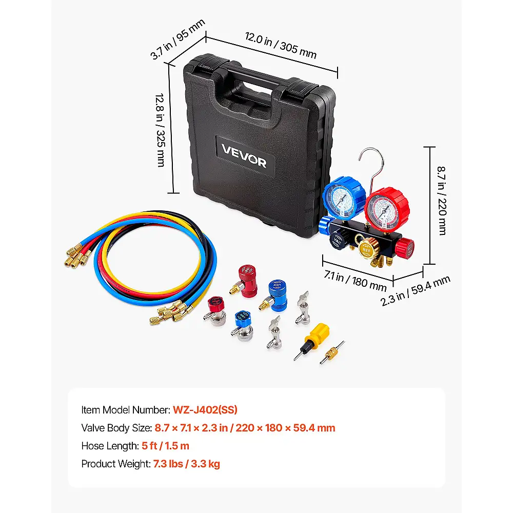 VEVOR Σετ Πολλαπλών Μετρητών Κλιματισμού για Ψυκτικά R134a R404A R1234yf R22, 4 Δρόμων με Σωλήνες 1.5μ, Προσαρμογείς, Ταχυσύνδεσμους, Βαλβίδες για Συντήρηση & Φόρτιση Αυτοκινήτων JXLMB4TLDSTXOAEMC001V0