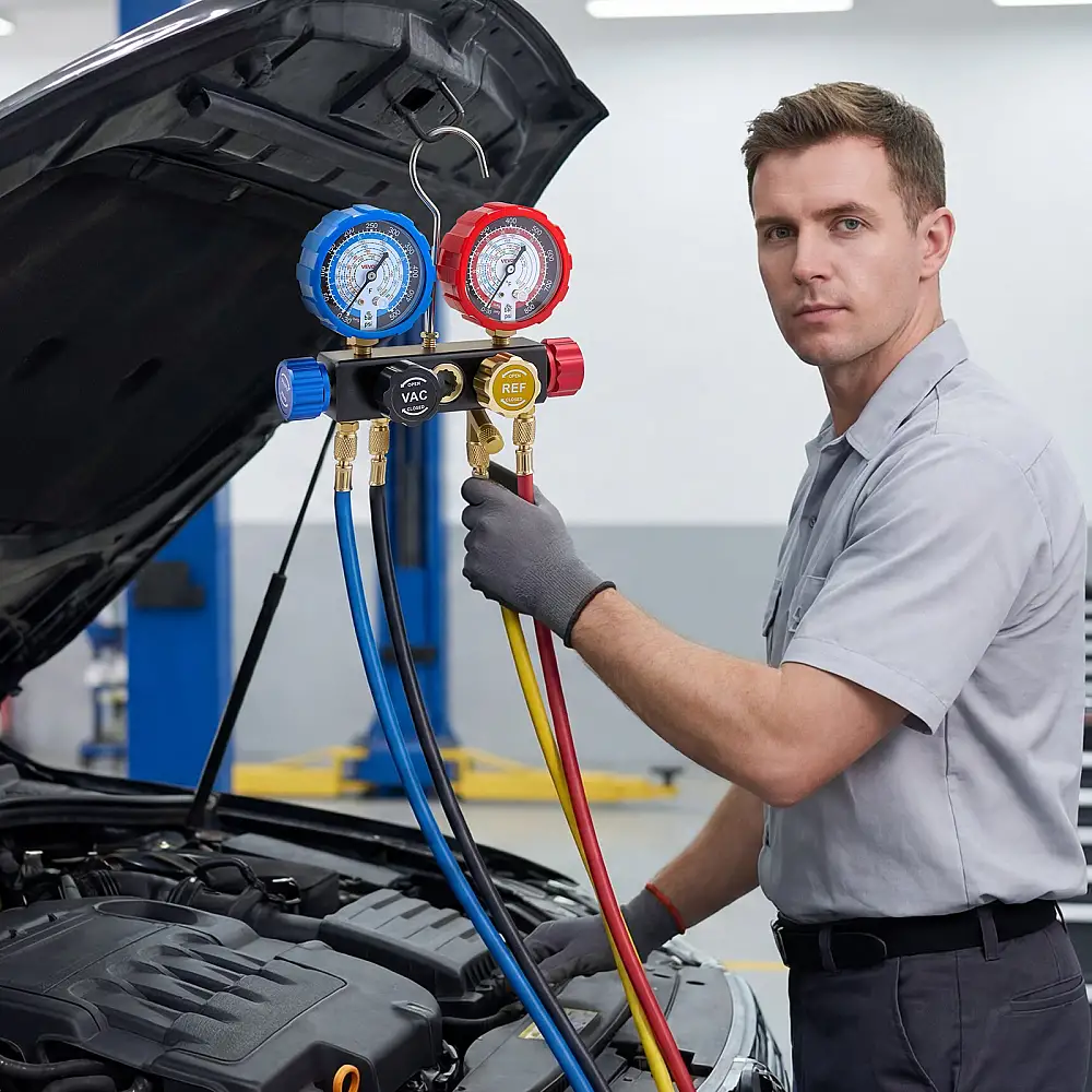 VEVOR Σετ Πολλαπλών Μετρητών Κλιματισμού για Ψυκτικά R134a R404A R1234yf R22, 4 Δρόμων με Σωλήνες 1.5μ, Προσαρμογείς, Ταχυσύνδεσμους, Βαλβίδες για Συντήρηση & Φόρτιση Αυτοκινήτων JXLMB4TLDSTXOAEMC001V0