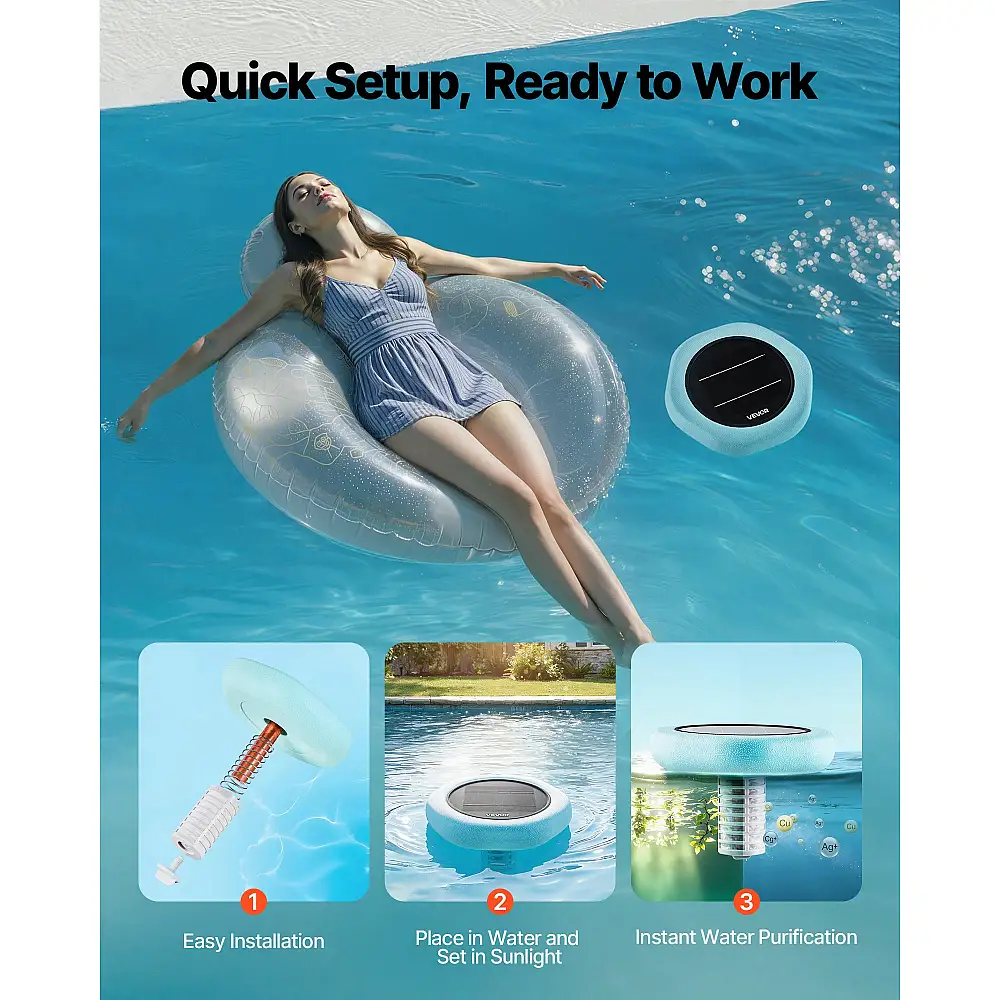 VEVOR Ηλιακός Ιονιστής Πισίνας με Χαλκό, Έως 170343 Λίτρα, Αυτόματος Πλωτός Καθαριστής & Φίλτρο TYNYCLZFSQDHDJNV9001V0