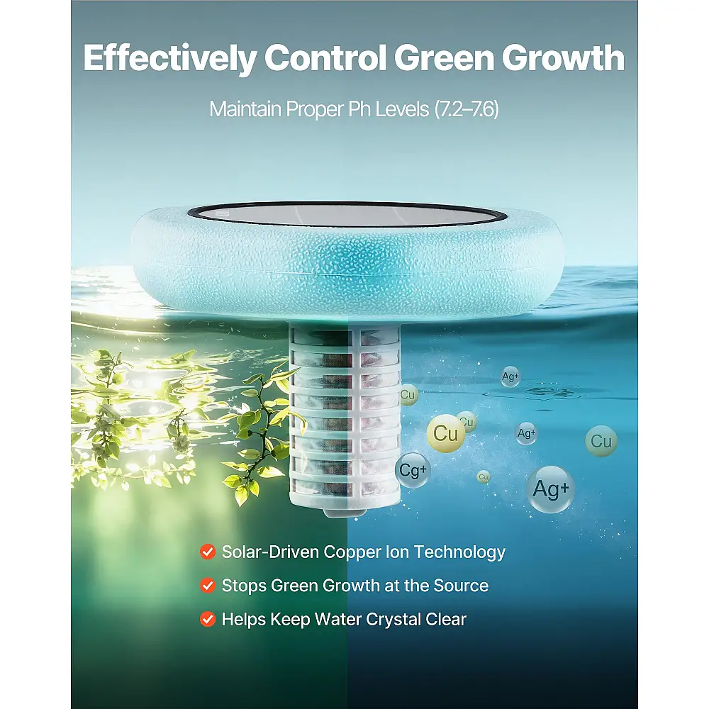 VEVOR Ηλιακός Ιονιστής Πισίνας με Χαλκό, Έως 170343 Λίτρα, Αυτόματος Πλωτός Καθαριστής & Φίλτρο TYNYCLZFSQDHDJNV9001V0