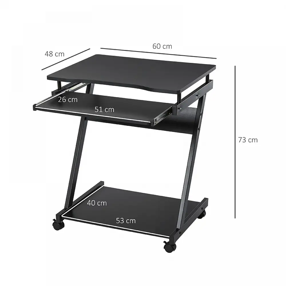 Τροχήλατο Μεταλλικό Γραφείο Υπολογιστή με Θέση για Πληκτρολόγιο 60 x 48 x 73 cm Χρώματος Μαύρο HOMCOM 836-293BK