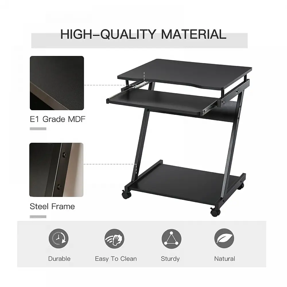 Τροχήλατο Μεταλλικό Γραφείο Υπολογιστή με Θέση για Πληκτρολόγιο 60 x 48 x 73 cm Χρώματος Μαύρο HOMCOM 836-293BK