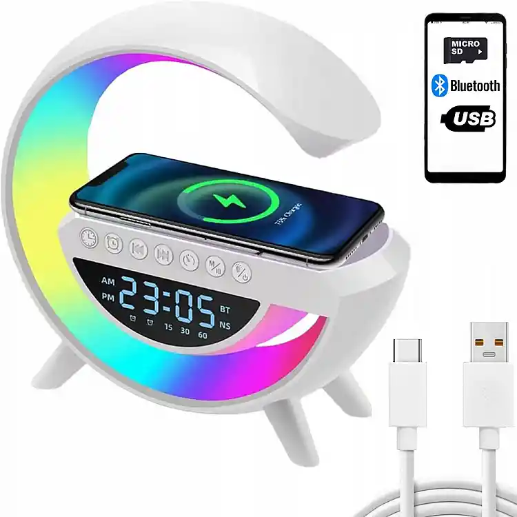Verk Group Επιτραπέζιο Φωτιστικό LED RGB με Ασύρματο Φορτιστή 15W, Ηχείο Bluetooth, Ρολόι/Ξυπνητήρι & FM Ραδιόφωνο 5907451362303