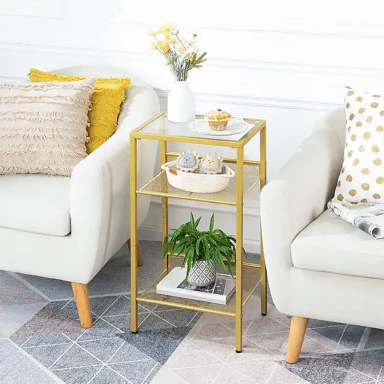 HOOBRO Χρυσό Πλαϊνό Τραπεζάκι 3 Επιπέδων με Επιφάνεια από Επασφαλισμένο Γυαλί 40x30x75 cm EGD04DH01
