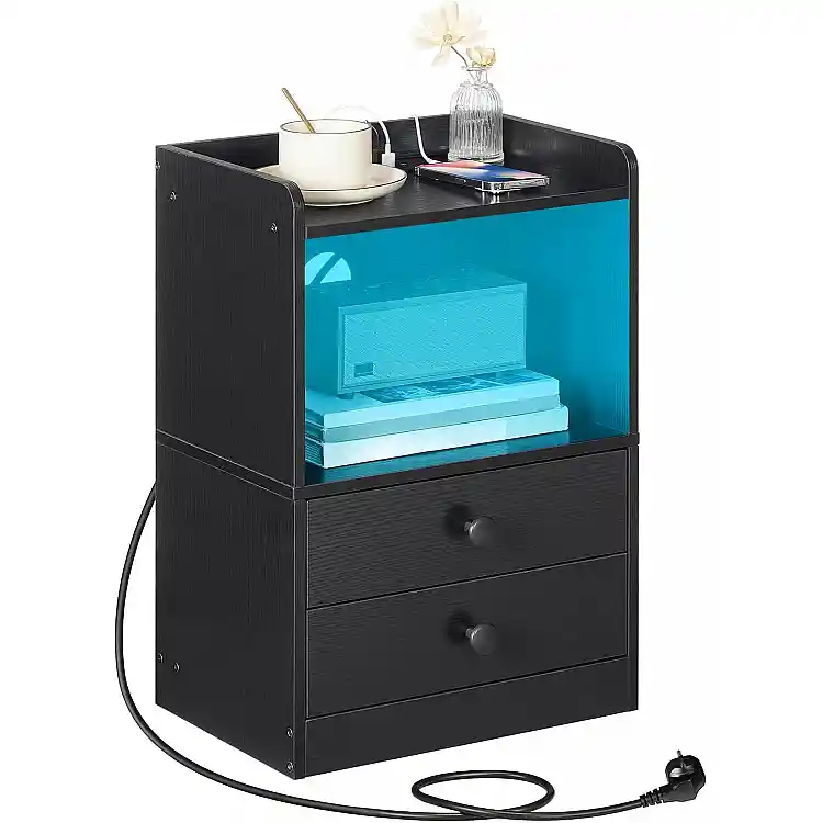 HOOBRO Κομοδίνο με LED και Σταθμό Φόρτισης, 2 Συρτάρια, Μαύρο, 38×26,5×56 εκ. EBK28CDBZ01