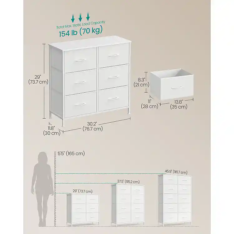 SONGMICS Κομότα με 6 Συρτάρια από Ύφασμα, Λευκή, 76.7x30x74.7cm LGS123WH01