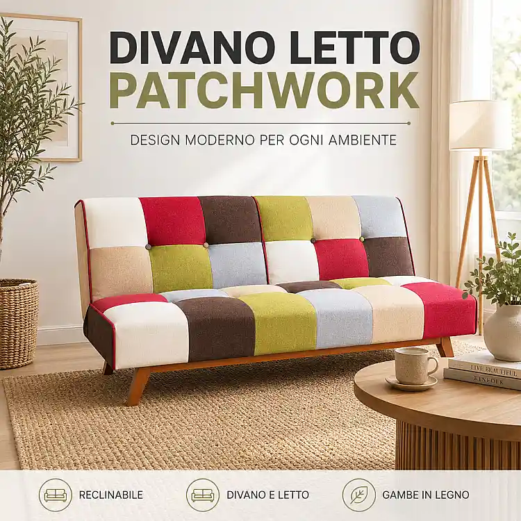 Shally Dogan Καναπές-Κρεβάτι Patchwork με Υφασμάτινη Επένδυση, Ξύλινα Πόδια και Ανακλινόμενη Πλάτη 02002394