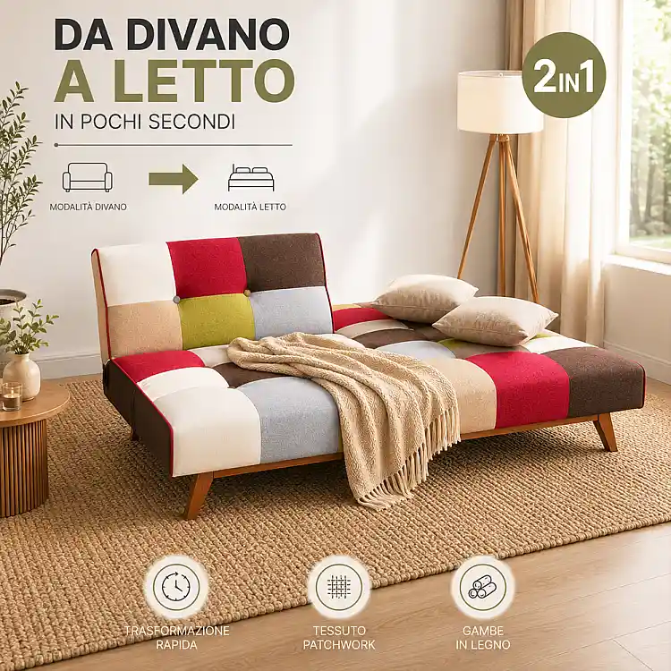 Shally Dogan Καναπές-Κρεβάτι Patchwork με Υφασμάτινη Επένδυση, Ξύλινα Πόδια και Ανακλινόμενη Πλάτη 02002394