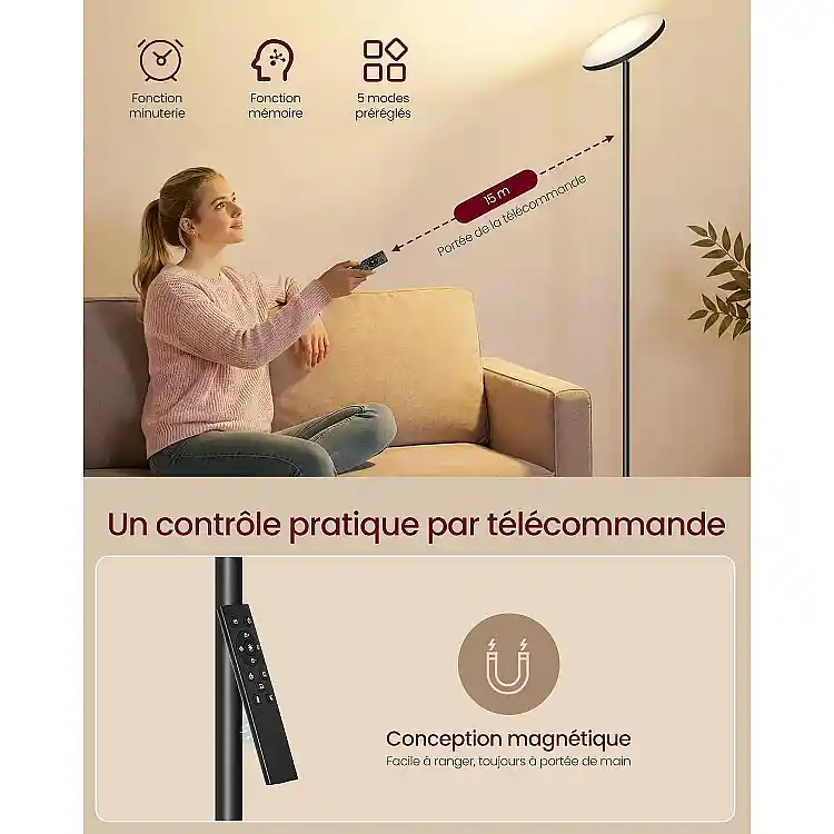 VASAGLE Επιδαπέδιο Φωτιστικό LED 30W με Περιστρεφόμενη Κεφαλή, Χρονοδιακόπτη, Μνήμη και Τηλεχειριστήριο, Μαύρο, 25 x 176 x 25 cm LFL018BD02