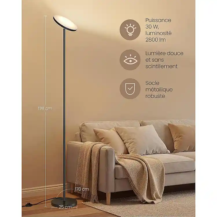 VASAGLE Επιδαπέδιο Φωτιστικό LED 30W με Περιστρεφόμενη Κεφαλή, Χρονοδιακόπτη, Μνήμη και Τηλεχειριστήριο, Μαύρο, 25 x 176 x 25 cm LFL018BD02