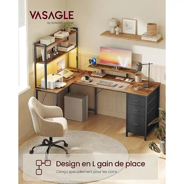 VASAGLE Αντιστρεφόμενο Γωνιακό Γραφείο Gaming με Θύρες USB & LED, Ράφια και 3 Συρτάρια, 160x100 εκ., Καφέ/Μαύρο LWD163K101
