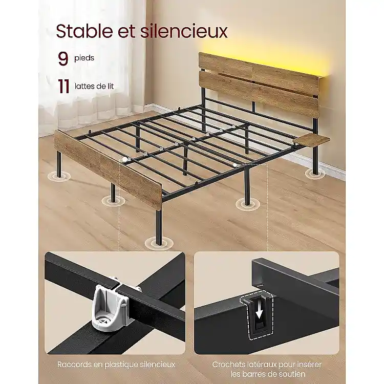 VASAGLE Μεταλλικό Κρεβάτι 140x190 με LED, USB, Type-C και Αποθηκευτικό Χώρο, Φυσικό Καφέ BARNET RMB103K01V1