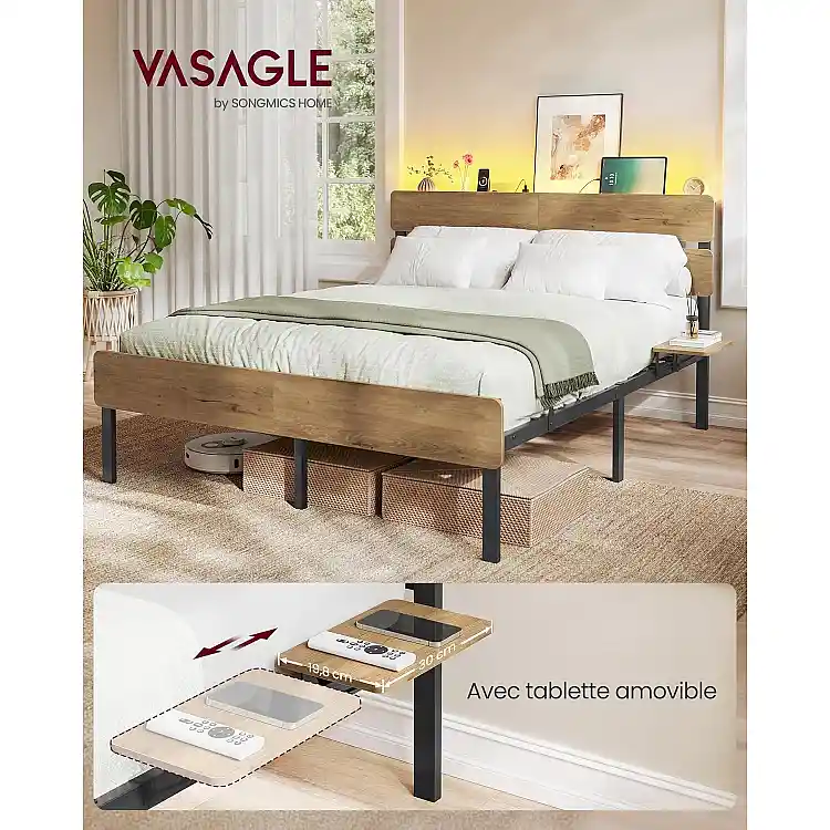 VASAGLE Μεταλλικό Κρεβάτι 140x190 με LED, USB, Type-C και Αποθηκευτικό Χώρο, Φυσικό Καφέ BARNET RMB103K01V1