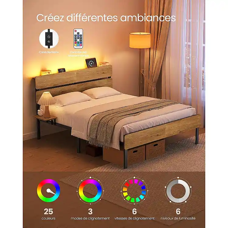VASAGLE Μεταλλικό Κρεβάτι 140x190 με LED, USB, Type-C και Αποθηκευτικό Χώρο, Φυσικό Καφέ BARNET RMB103K01V1