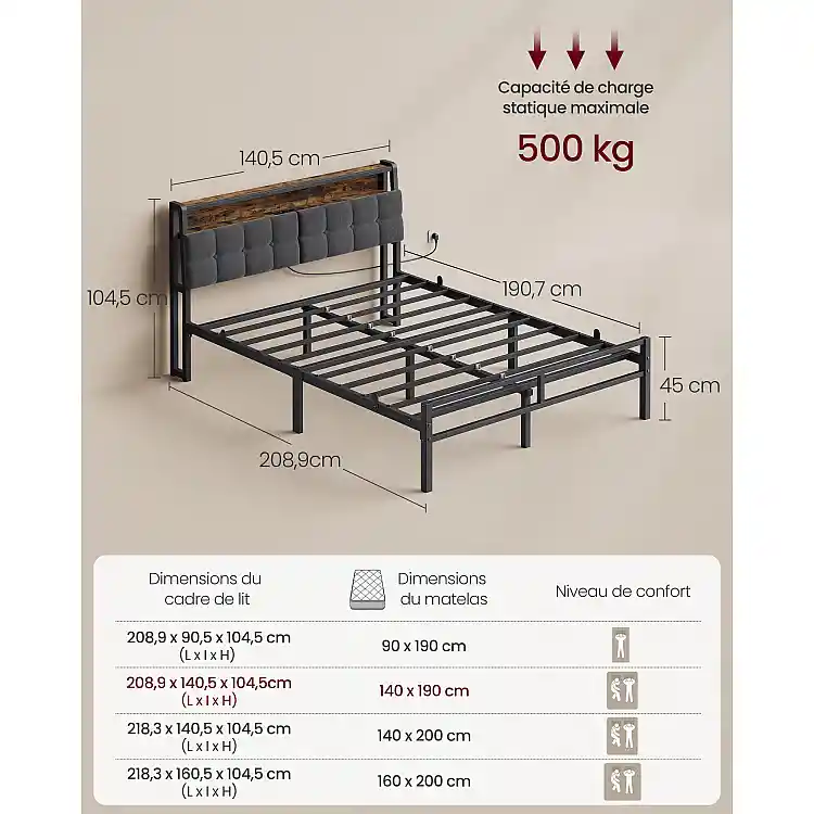 VASAGLE Κρεβάτι 140 x 190 cm με 2 Συρτάρια, LED και Σταθμό Φόρτισης RMB123G101