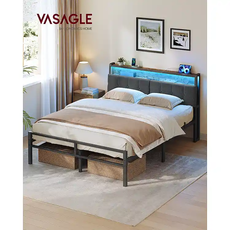 VASAGLE Κρεβάτι 140 x 190 cm με 2 Συρτάρια, LED και Σταθμό Φόρτισης RMB123G101