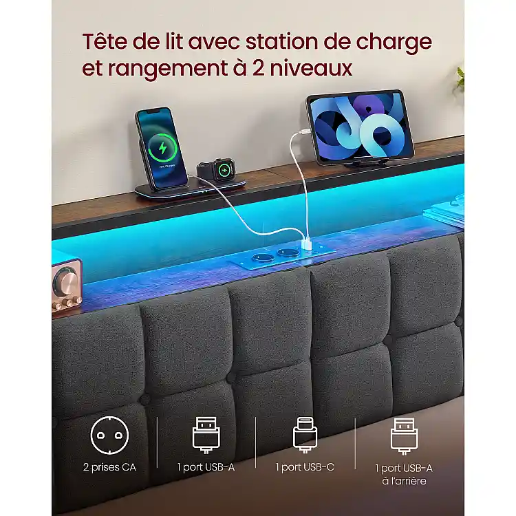 VASAGLE Κρεβάτι 140 x 190 cm με 2 Συρτάρια, LED και Σταθμό Φόρτισης RMB123G101