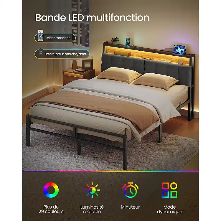 VASAGLE Κρεβάτι 140 x 190 cm με 2 Συρτάρια, LED και Σταθμό Φόρτισης RMB123G101