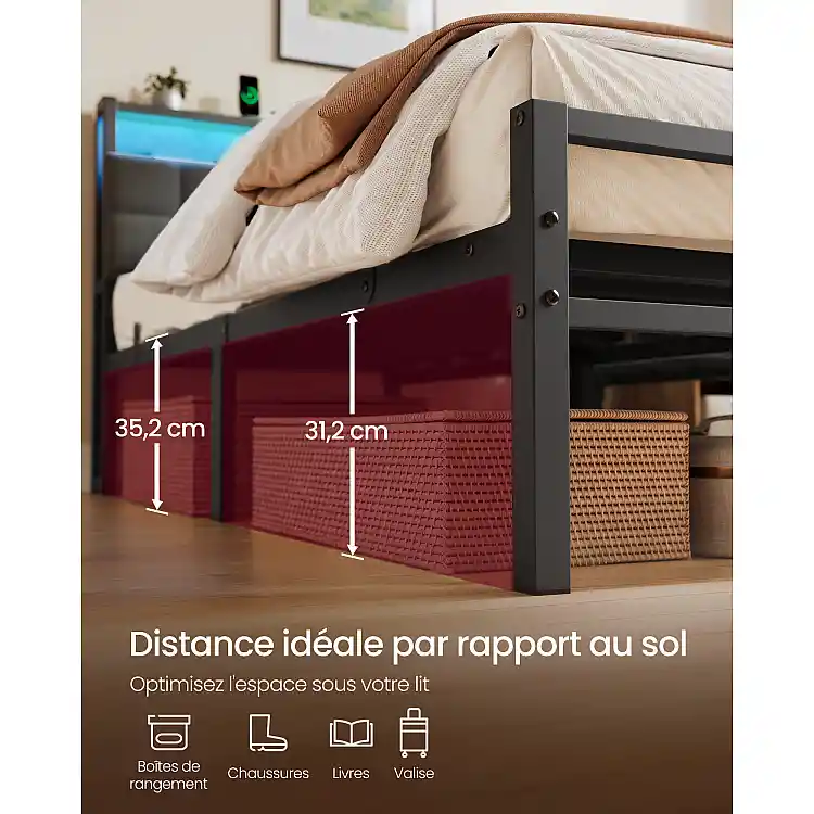VASAGLE Κρεβάτι 140 x 190 cm με 2 Συρτάρια, LED και Σταθμό Φόρτισης RMB123G101