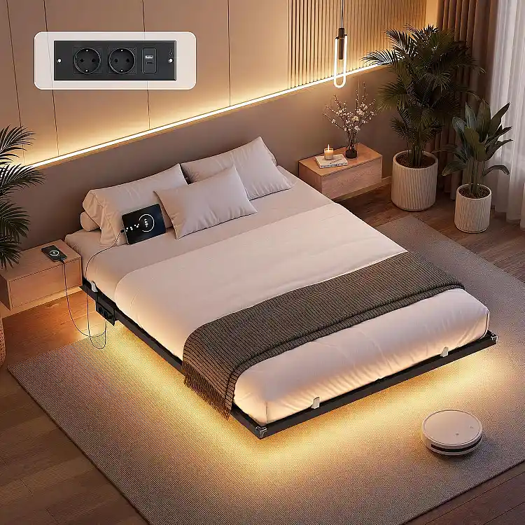 VASAGLE Αιωρούμενο κρεβάτι 140 x 190 εκ. με LED, σταθμό φόρτισης, 2 πρίζες AC, θύρα Type-C, 2 θύρες USB-A, αντοχή έως 500 κιλά RMB173B101
